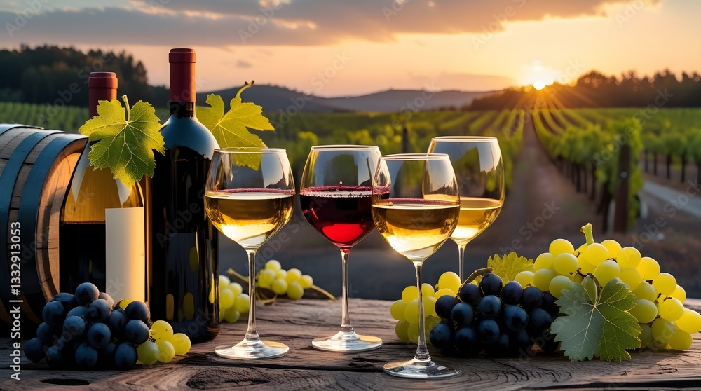 Naklejka premium Wine Tasting in a Vineyard at Sunset – Red and White Wines with Grapes