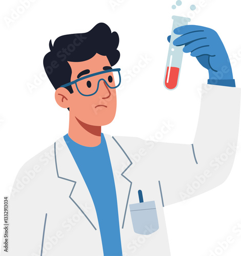 Scientist in white lab coat examining red liquid in test tube, flat vector illustration