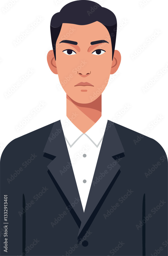 Professional young man in a black suit with a neutral expression in flat vector art Professional young man in a black suit with a neutral expression in flat vector art