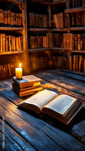 Wallpaper Mural Candlelight reading. Ancient library with vintage books and warm illumination, vertical loop with gentle candle light motion Torontodigital.ca