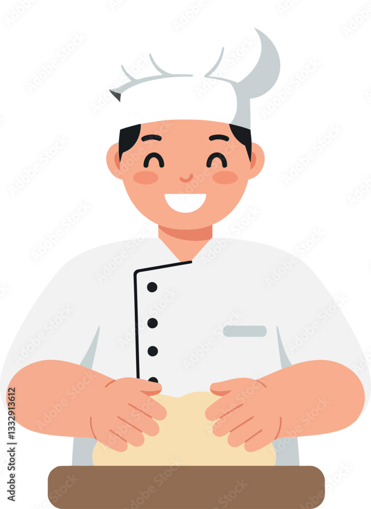 Chef in white uniform with a smile preparing dough in a flat vector illustration Chef in white uniform with a smile preparing dough in a flat vector illustration