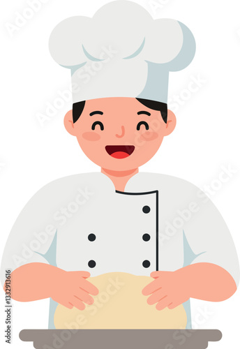 Chef happily kneading dough in a bright kitchen, flat design vector illustration