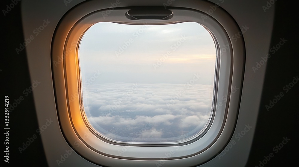Airplane window shows clouds. Sunlight shines on the window's edge Airplane window shows clouds. Sunlight shines on the window's edge