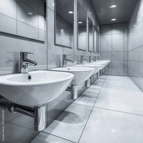 Modern and contemporary bathroom design featuring streamlined sinks and faucets.