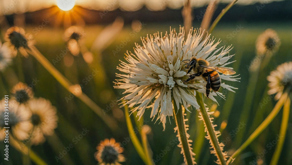 Obraz premium Close-up photo of a bee resting on a flower, surrounded by tall grasses as the sun sets behind