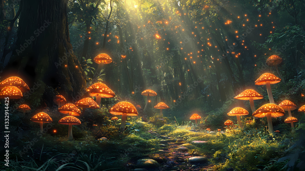 Forest floor illuminated by ethereal glowing fungi, natural light, undergrowth. Ethereal Fungi. Illustration Forest floor illuminated by ethereal glowing fungi, natural light, undergrowth. Ethereal Fungi. Illustration