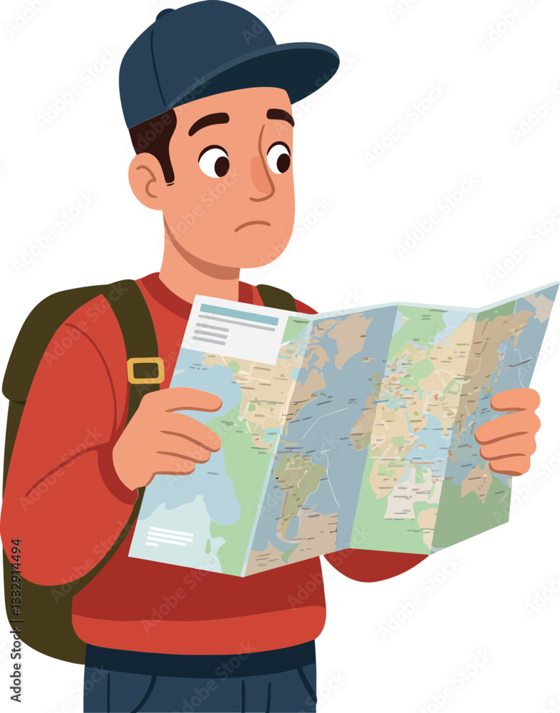 Young traveler with a backpack studying a map in a flat vector illustration Young traveler with a backpack studying a map in a flat vector illustration