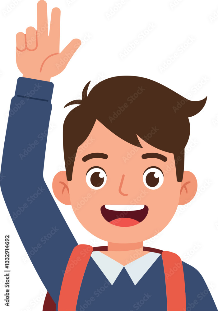 Young boy with a cheerful expression raising his hand in a flat vector illustration Young boy with a cheerful expression raising his hand in a flat vector illustration