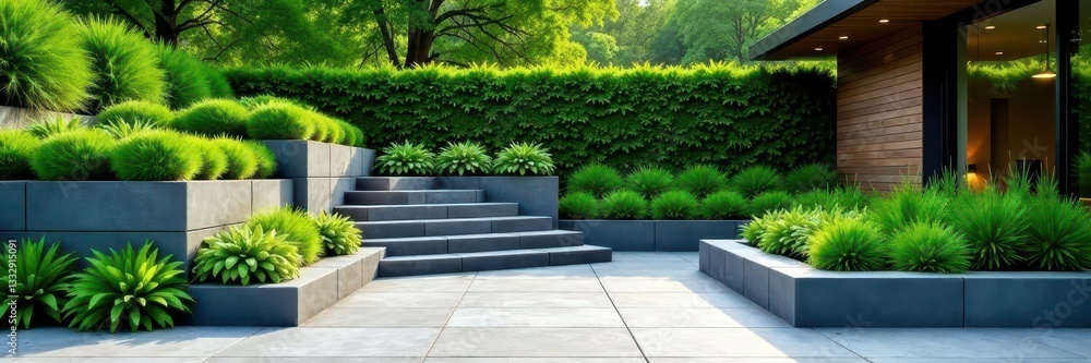 Multi-level retaining wall with plants, modern design, shape, garden Multi-level retaining wall with plants, modern design, shape, garden