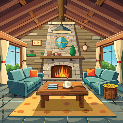 Cozy Cabin Living Room with Rustic Charm and a Warm Fireplace