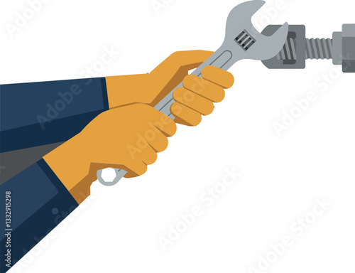 Hands holding a wrench adjusting a metal bolt in flat vector illustration