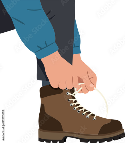 Person tying shoelaces on brown hiking boots in a flat vector illustration style