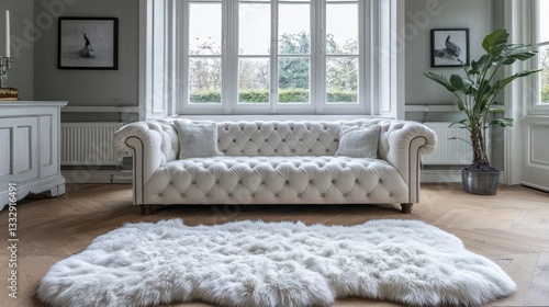 Ideal home decor: shaggy fur rug placed near a plush white sofa.