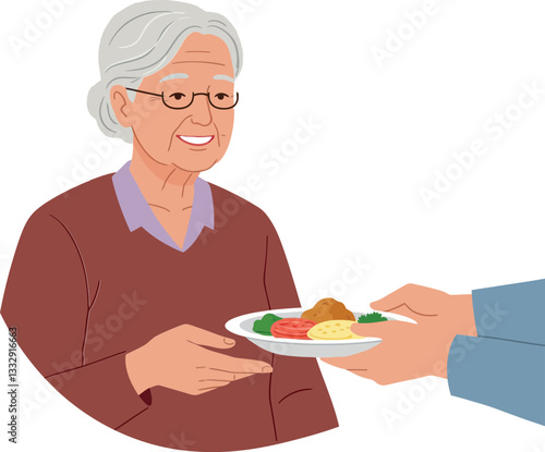 Elderly woman smiling while receiving a plate of food, flat vector illustration of kindness and care