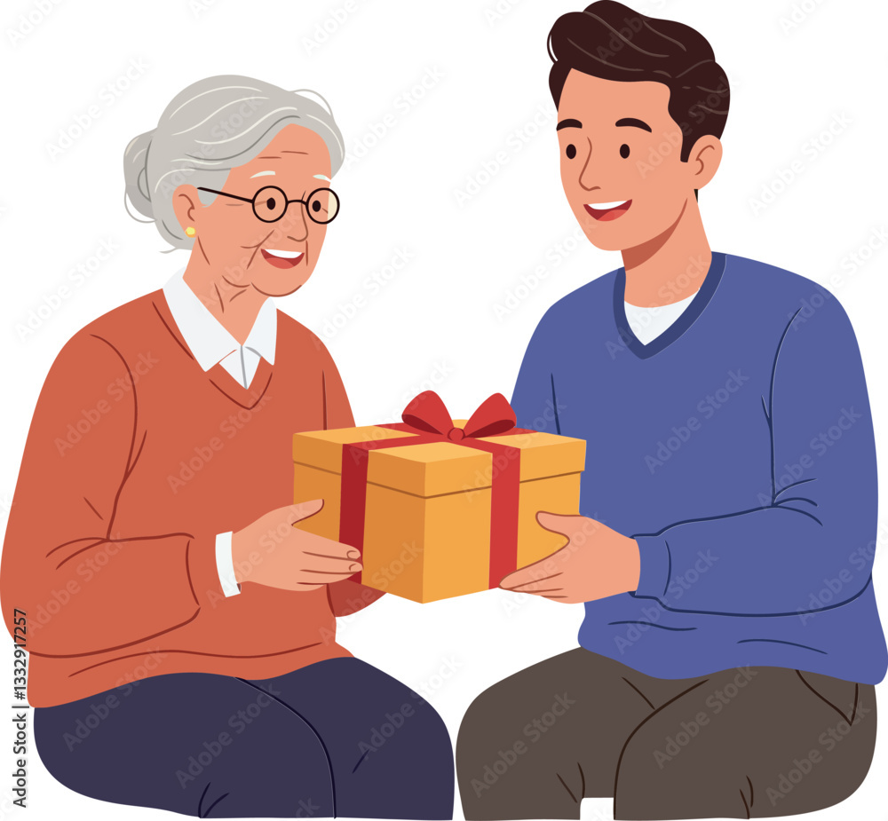 A young man joyfully giving a wrapped gift to an elderly woman in a flat vector illustration A young man joyfully giving a wrapped gift to an elderly woman in a flat vector illustration