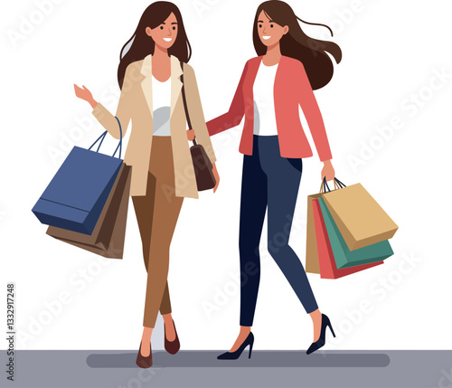 Two young women shopping together with colorful bags in a cheerful and stylish flat vector illustration