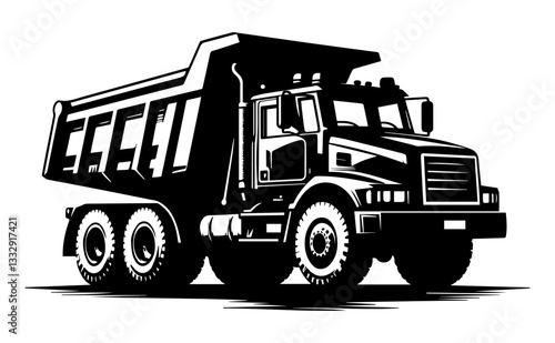 Black and white silhouette of a dump truck on a white isolated background. Vector graphics. EPS.