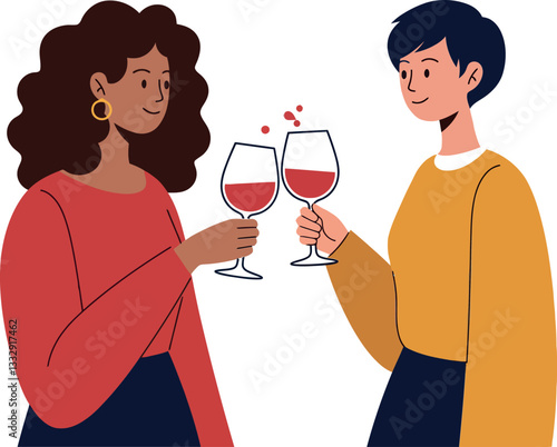 Two women celebrating with clinking wine glasses in a flat style vector illustration