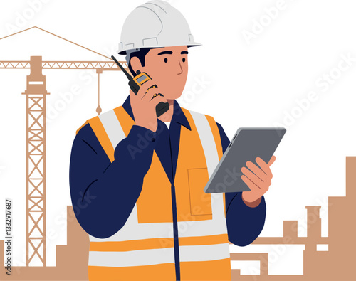 Construction worker in safety gear using tablet and radio on site, flat vector illustration