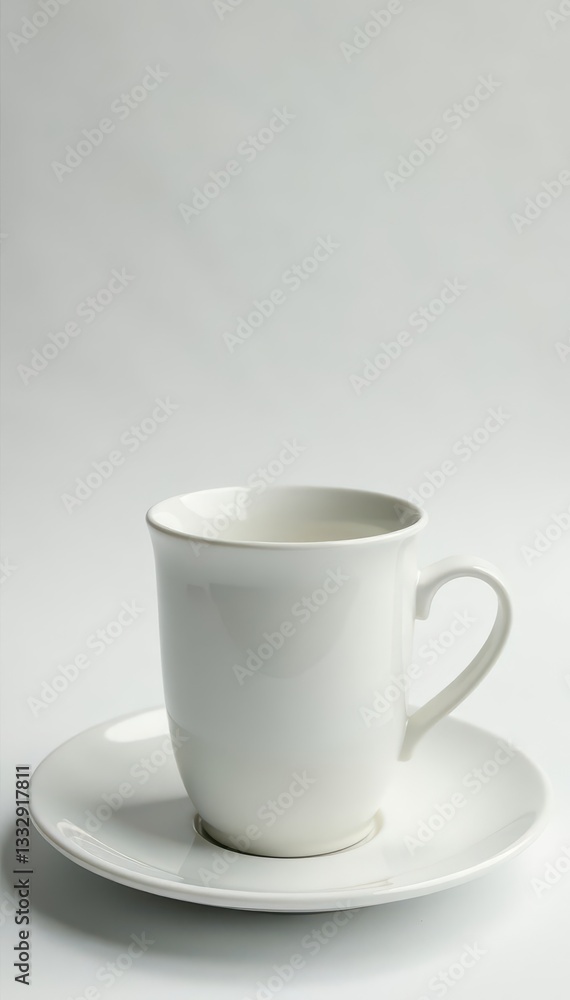 Single empty plate & cup, side view, spotless white , hygiene, image Single empty plate & cup, side view, spotless white , hygiene, image