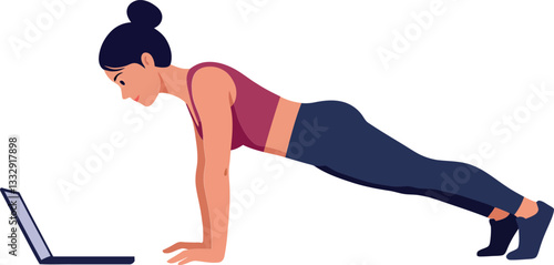 Woman performing push-ups in a focused manner while using a laptop, minimal vector illustration