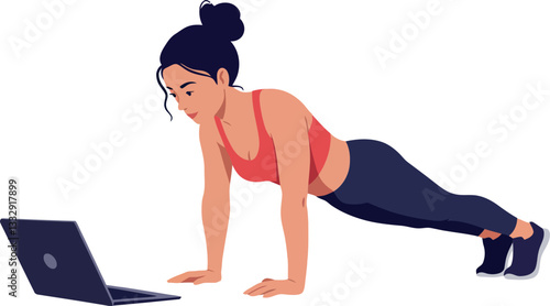 Woman doing push-ups in activewear while focused on a laptop screen in flat vector illustration
