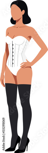 Elegant woman in a fitted white corset and black thigh-high stockings, minimal vector illustration