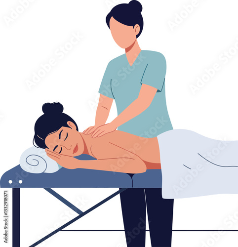 Woman receiving a relaxing massage from a therapist in a flat vector illustration style