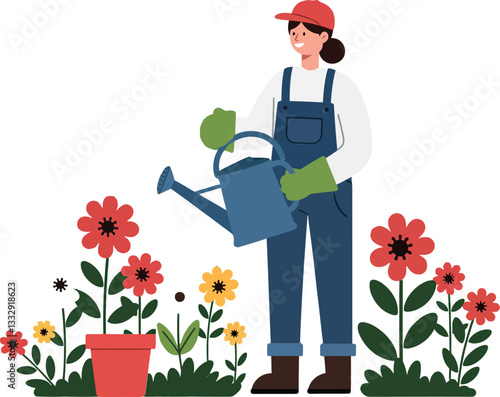 Gardener with watering can tending vibrant flowers in a flat, colorful vector illustration