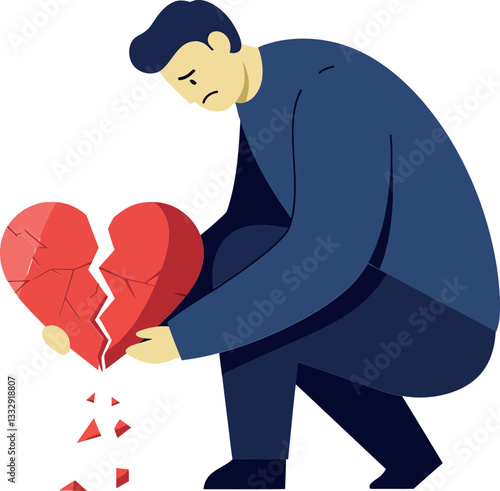 Man kneeling with a broken heart, expressing sadness in flat vector illustration