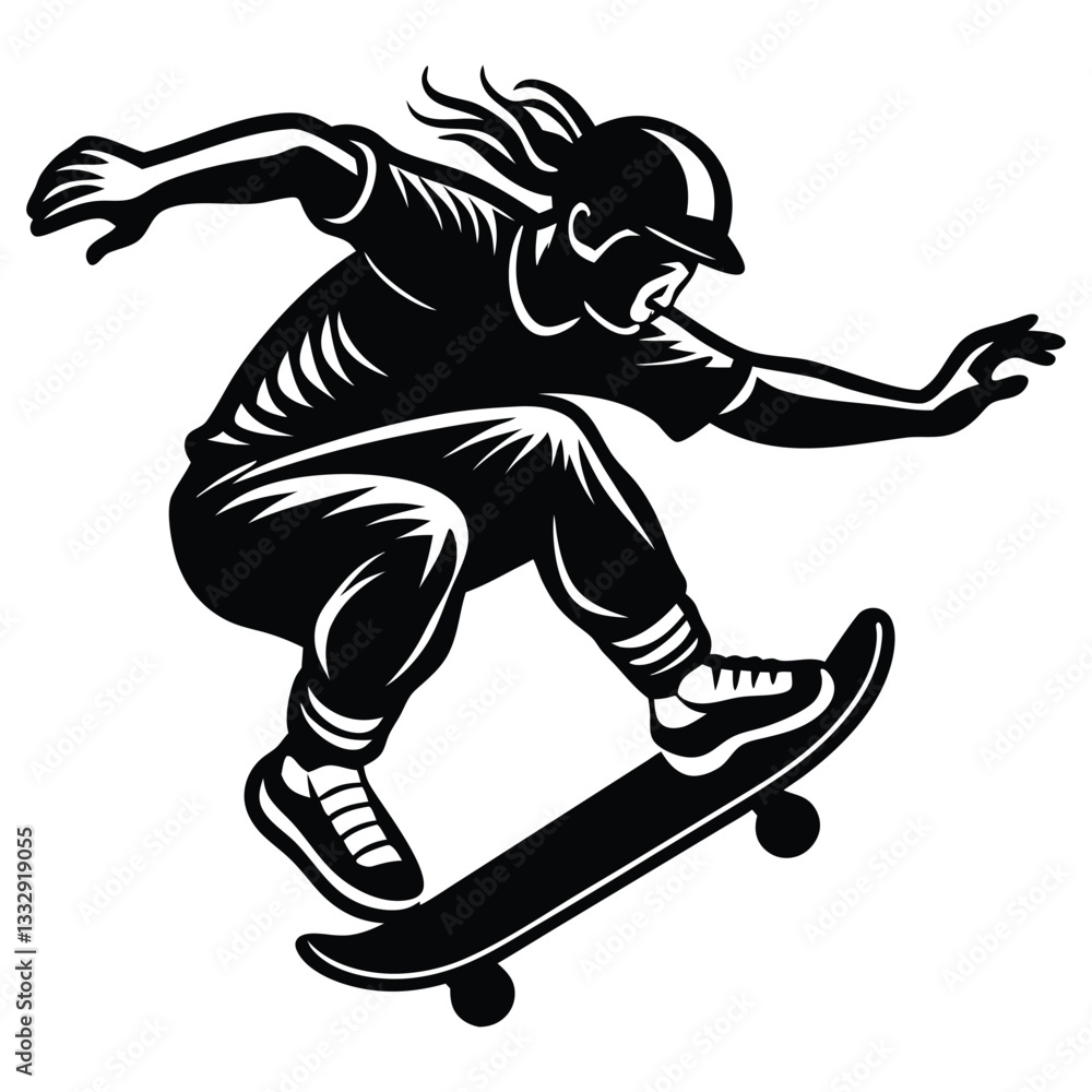 Fototapeta premium Stylish Skateboarder Silhouette Illustrations, Skateboarder in Action Silhouette Vector with Trick