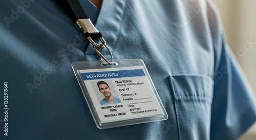 Nurse Wearing Id Badge, Closeup of Identification in Hospital Setting