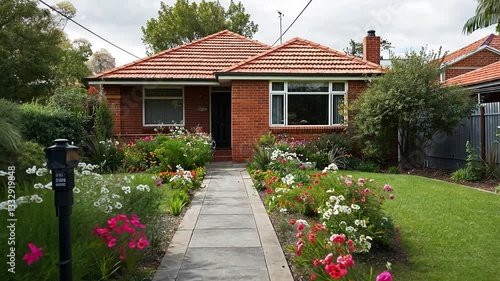 Beautiful suburban house with vibrant garden and inviting walkway in a residential neighborhood