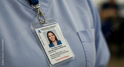 Woman's Identification Badge Hanging Around Neck As Physician's Assistant Closeup