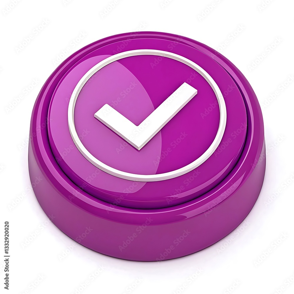 A Vibrant Purple Button Showcasing A Bold White Checkmark Signifying Accomplishment And Approval With A Glossy 3d Effect A Vibrant Purple Button Showcasing A Bold White Checkmark Signifying Accomplishment And Approval With A Glossy 3d Effect