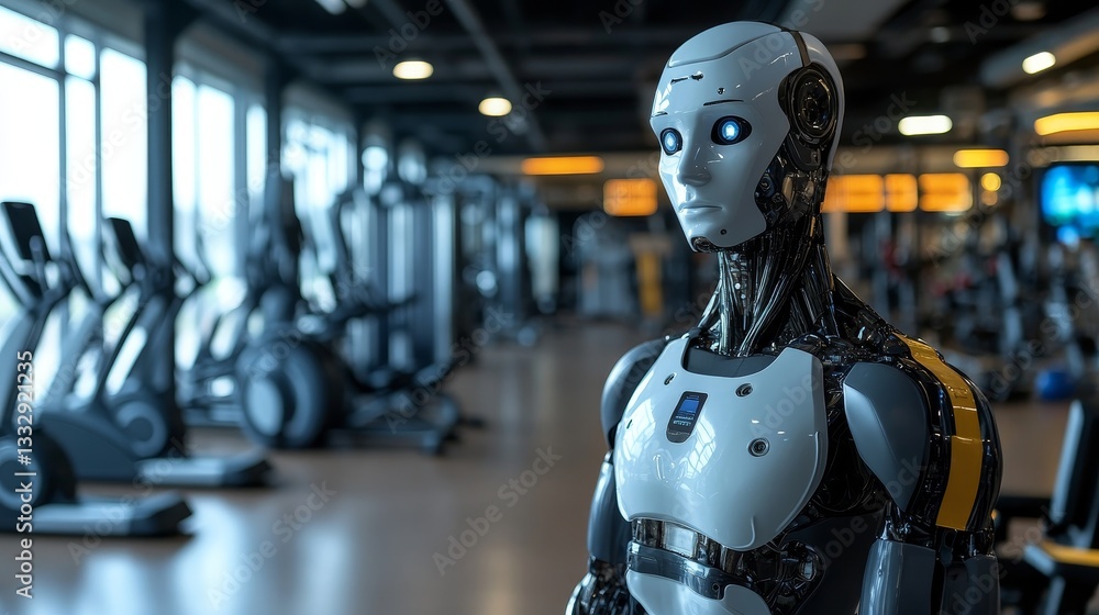 A futuristic gym setting where a sleek humanoid robot stands out, framed by a variety of fitness equipment in a bright and spacious environment A futuristic gym setting where a sleek humanoid robot stands out, framed by a variety of fitness equipment in a bright and spacious environment