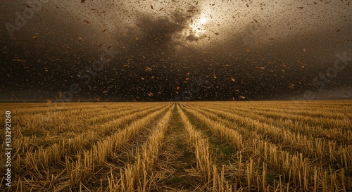 Flying Locust Swarm Over Harvested Grain Field with Dramatic Sky