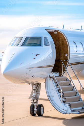A luxurious rich modern private jet airplane with open door and stairs leading to the cabin 