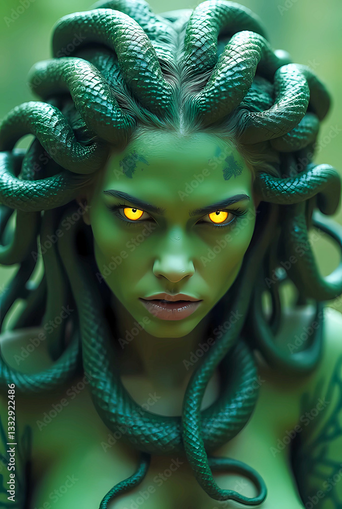 Medusa, snake-haired woman, glowing eyes, surrounded by stone statues.