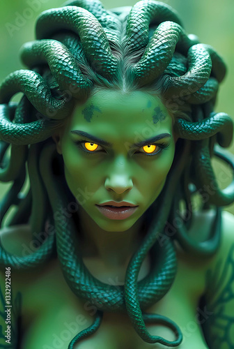 Obraz na płótnie Medusa, snake-haired woman, glowing eyes, surrounded by stone statues.
w salonie