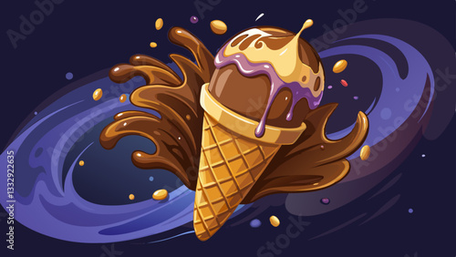 Chocolate ice cream in waffle cone with splashes on dark background, 