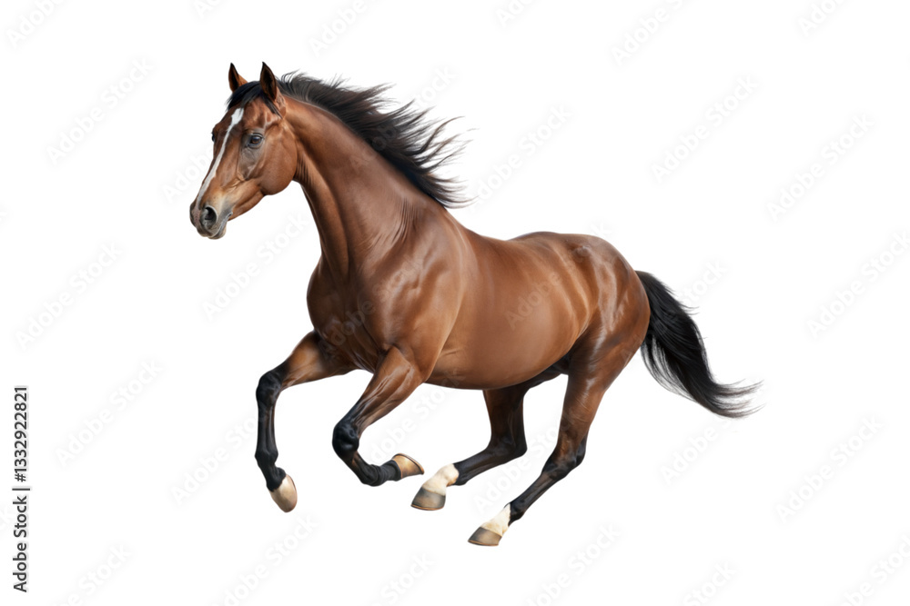 Fototapeta premium Galloping horse in motion studio setting animal photography dynamic environment close-up view, isolated on white or transparent background