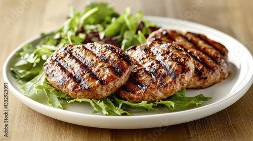 A plate of grilled turkey patties served with a side of mixed greens