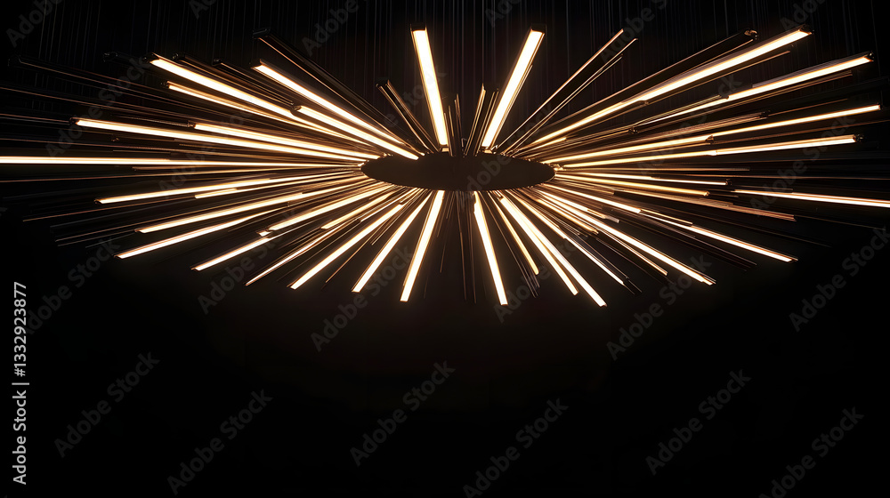 Obraz premium 22h 3d rendering of a ceiling lamp in the shape of sun rays made of many 3d strips on a black background with cinematic lighting and close-up view.