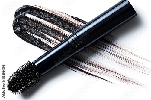 Black Mascara Tube And Smudge Against A White Background photo