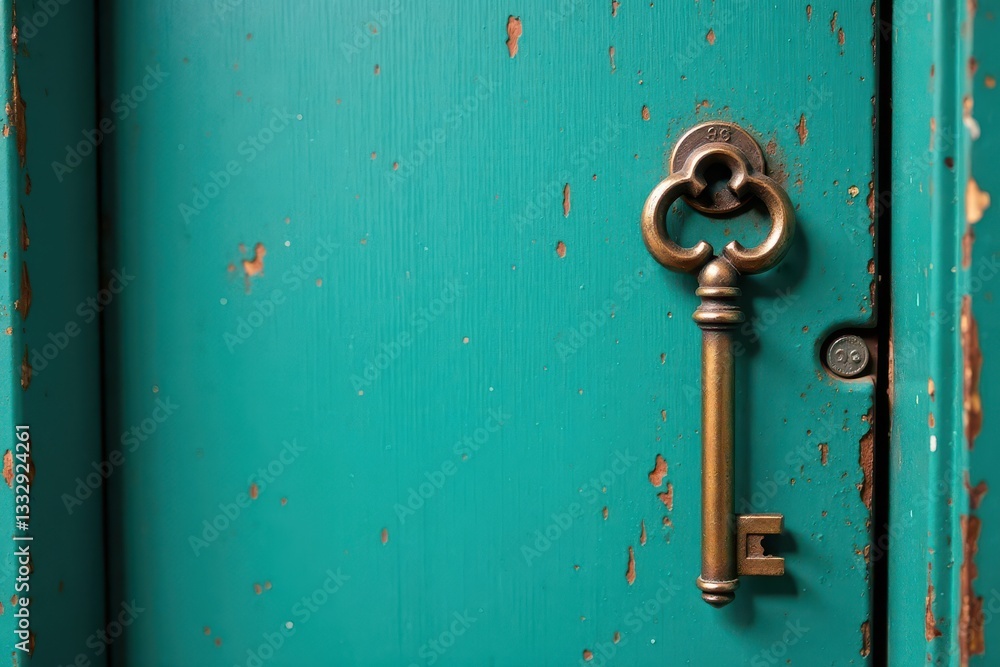 Antique skeleton key on teal door, aged wood texture, vintage, detail, teal Antique skeleton key on teal door, aged wood texture, vintage, detail, teal