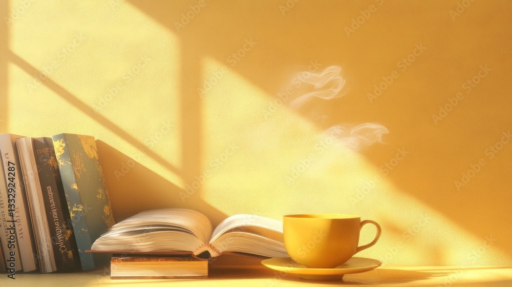 Naklejka premium Reading with Hot Tea Book Stack and Sunlight Creates Cozy Scene
