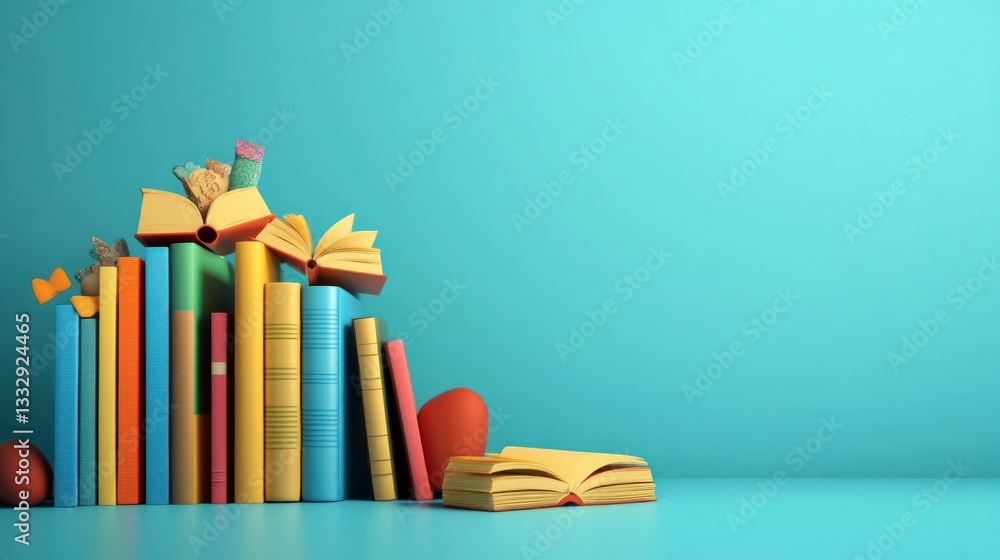 custom made wallpaper toronto digitalStack of Colorful Books with Open Pages on Blue Background