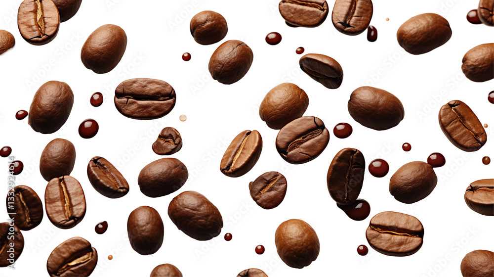 Obraz premium Roasted Coffee Beans Aromatic Brown Scatter, Perfect for Coffee Shop Menus.