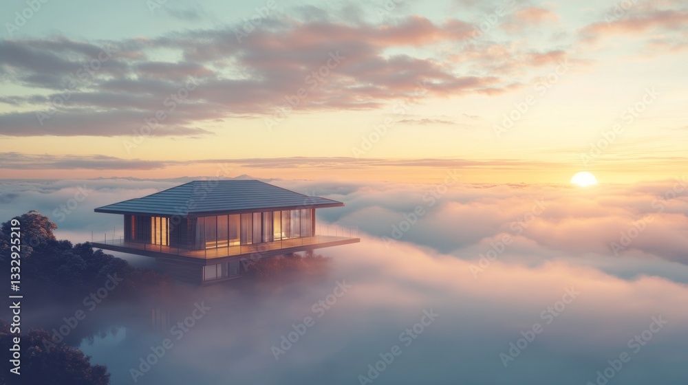 Serene escape floating home perched above a dreamy cloudscape at dawn Serene escape floating home perched above a dreamy cloudscape at dawn